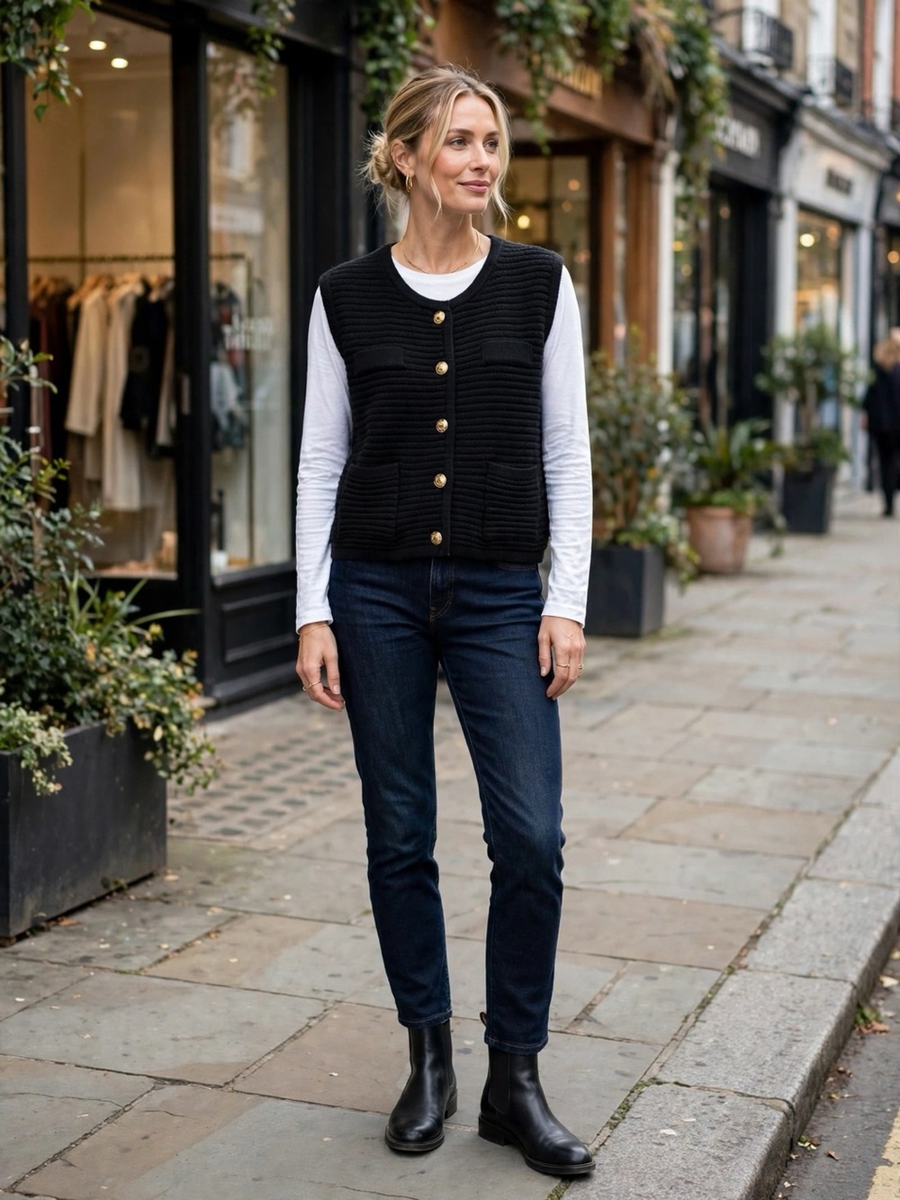Joie Black Ribbed Knit Button-Front Vest Gold Buttons Pockets Quiet Luxury | L